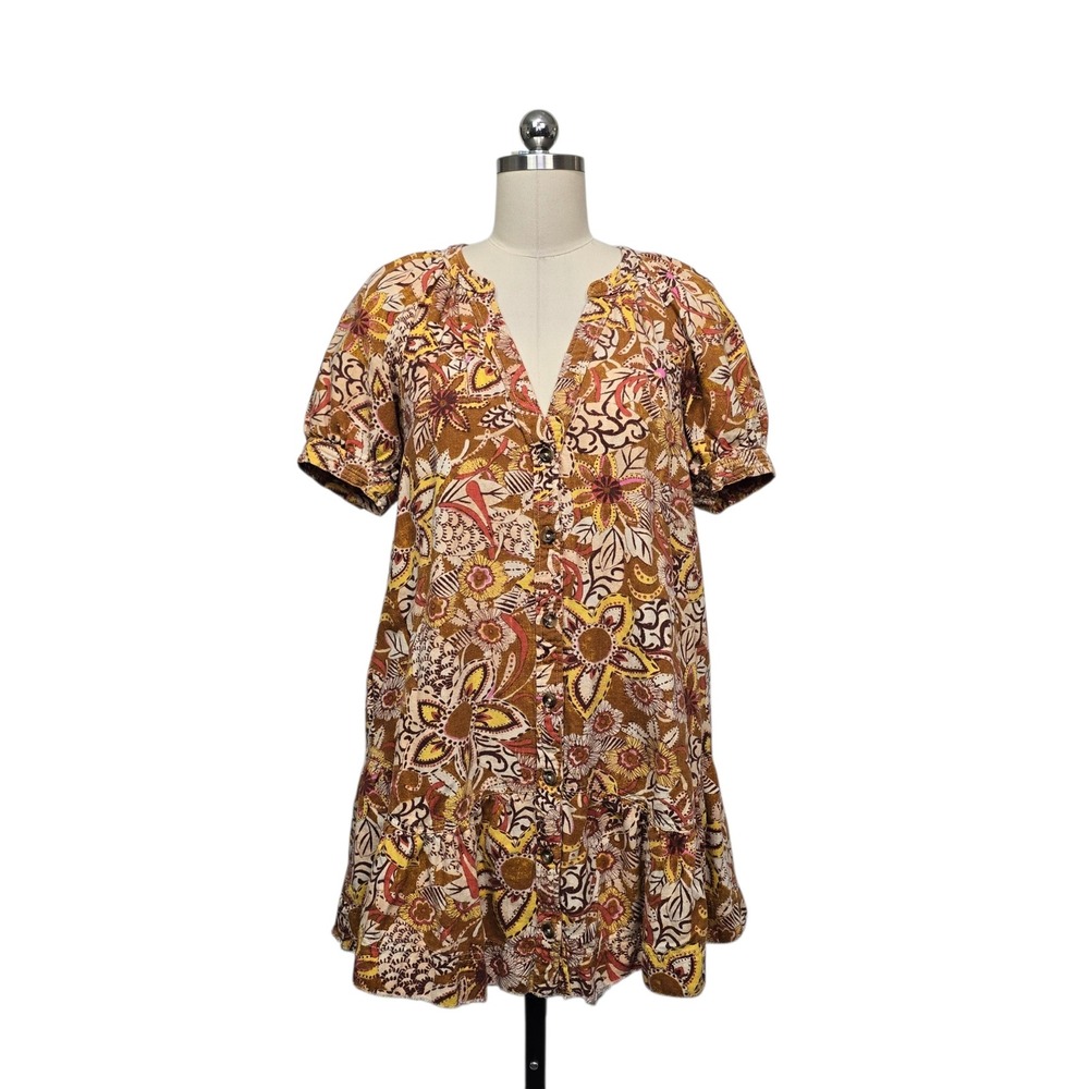 Pilcro Anthropologie Floral Paisley Cotton Linen Mini Dress Brown Size XS